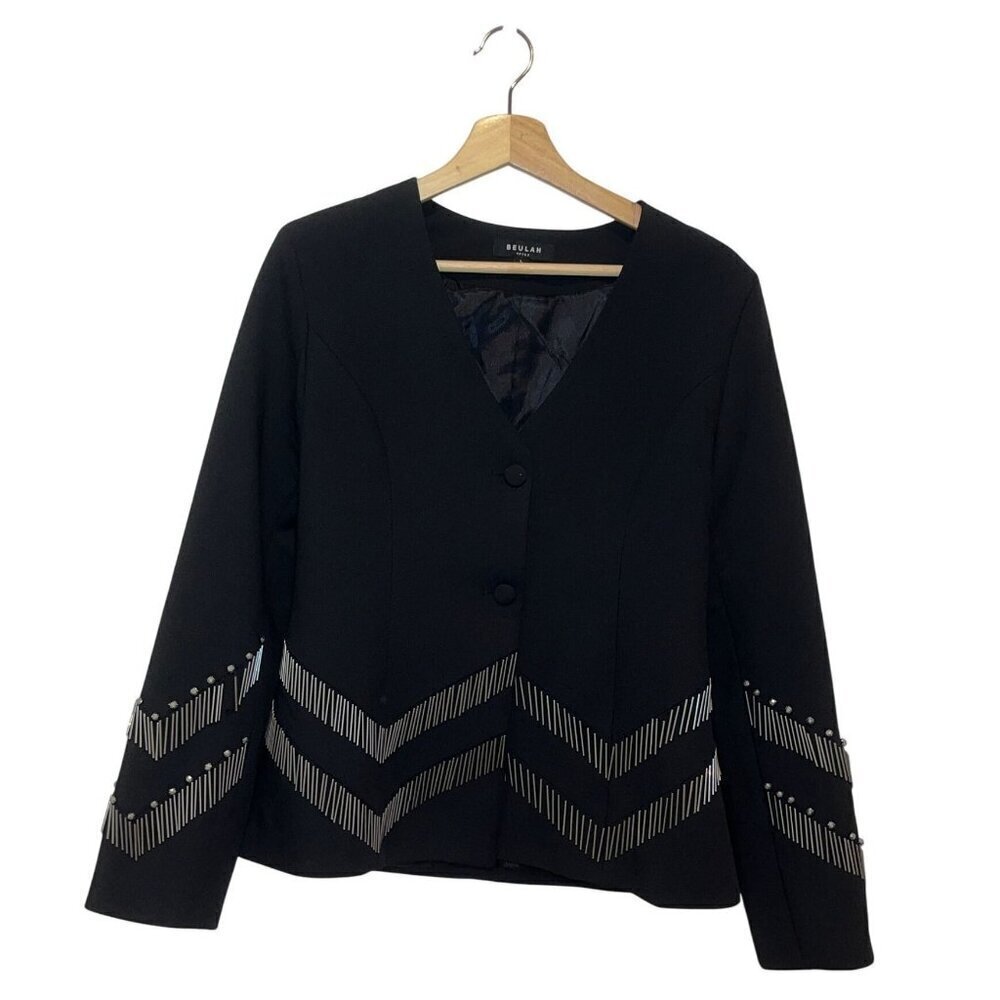 Beulah Black Blazer Jacket With Embroidered Metallic Stripes Size L